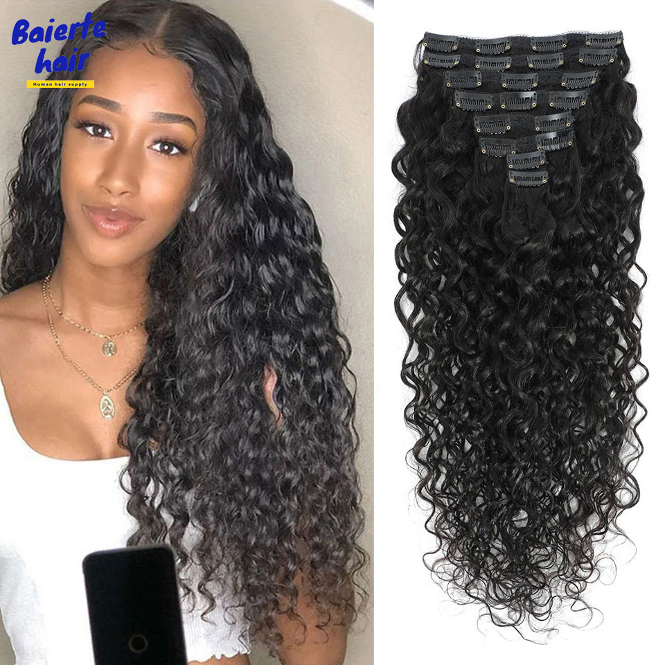 Seamless Clip In Hair Extensions Human Hair - 8-24 Inches Water Wave Curly Clip